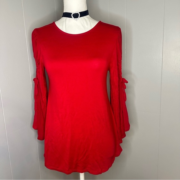 Cupio Red Ruched Bell Sleeve Top – Criss Cross Back Y2K Romantic Fairycore - Picture 4 of 8